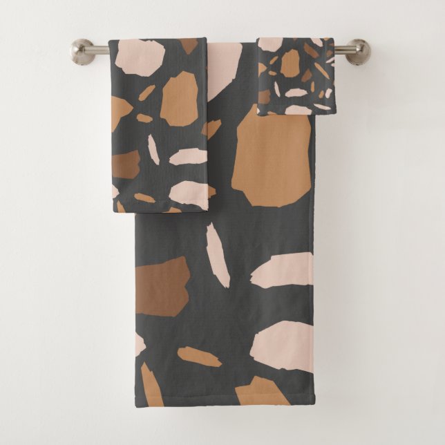 Brown, Beige,  Tan and Gray Terrazzo Pattern  Bath Towel Set (Insitu)
