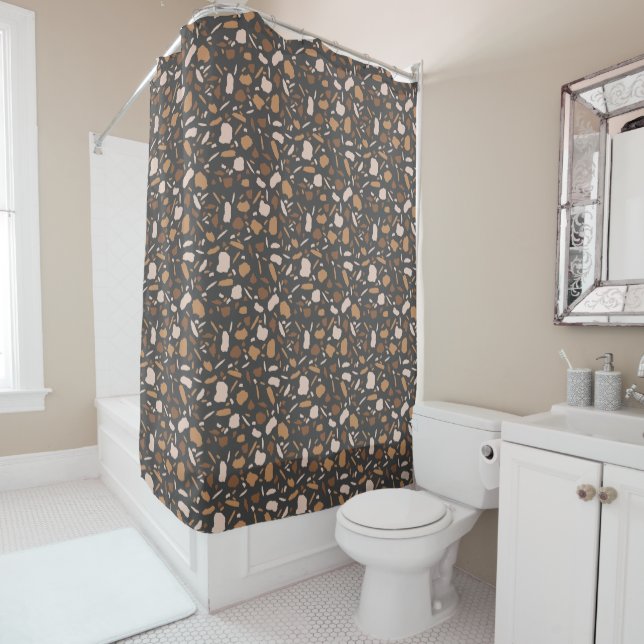 Brown, Beige,  Tan and Gray Terrazzo Pattern  Shower Curtain (In Situ)
