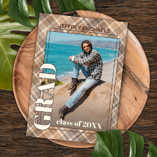 Brown Beige Tartan Plaid Graduation Announcement