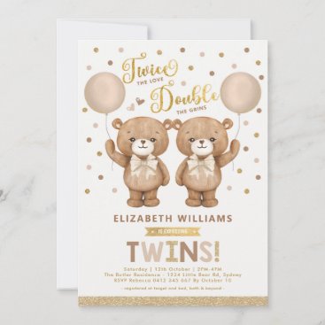 Brown Beige Teddy Bear Balloon Twin Baby Shower Invitation