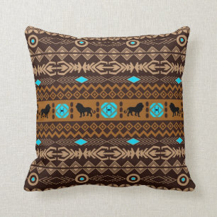 Brown & Beige Tribal African Patterns & Lions Throw Pillow