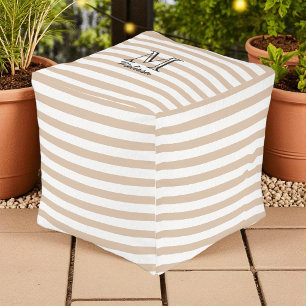 Brown Beige White Stripes Pattern Monogram Outdoor Pouf