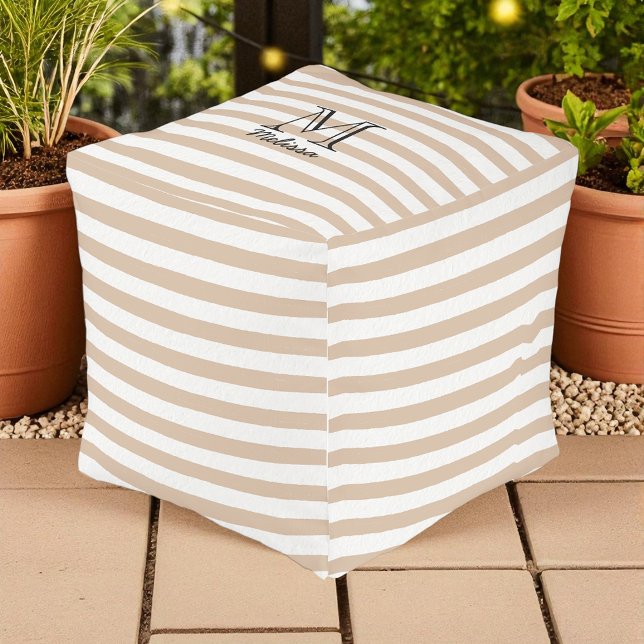 Brown Beige White Stripes Pattern Monogram Outdoor Pouf (Creator Uploaded)