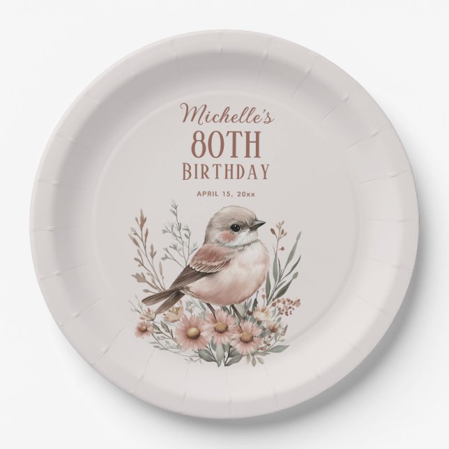 Brown Bird 80th Birthday Paper Plates (Front)