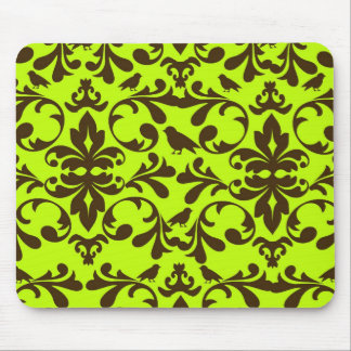 brown bird and lime green damask pattern mouse pad