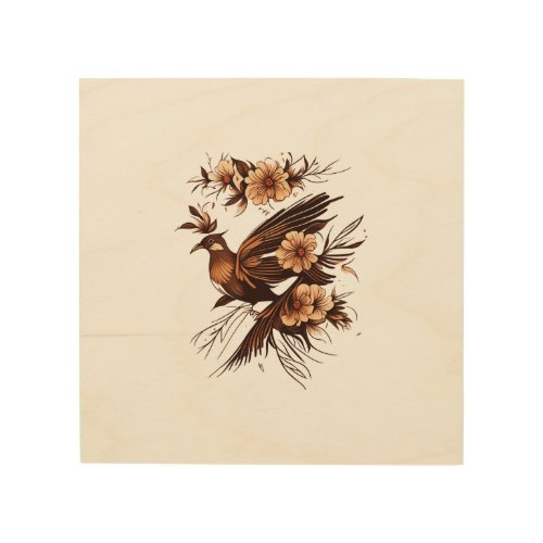 Brown bird with flowers wood wall art