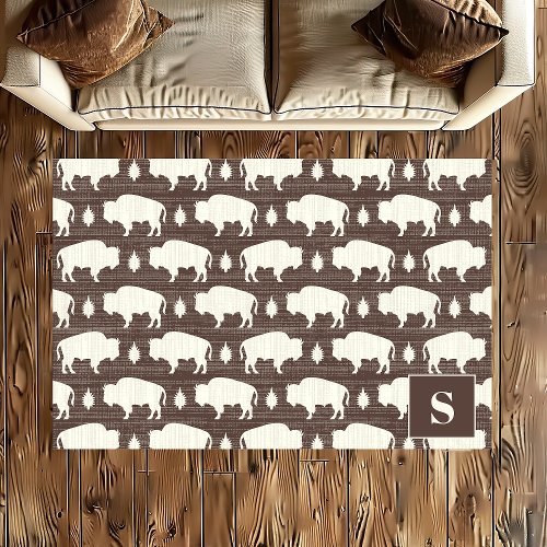 Brown Bison Pattern Boho Monogram Rug