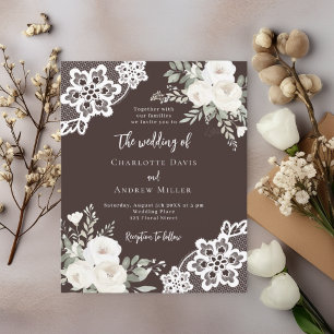 Brown bistre white florals lace wedding invitation