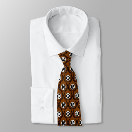 Brown bitcoin cryptocurrency logo with pattern neck tie