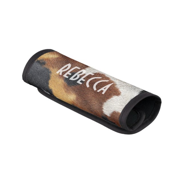 Brown black and white cowhide texture throw pillow luggage handle wrap (Angled)