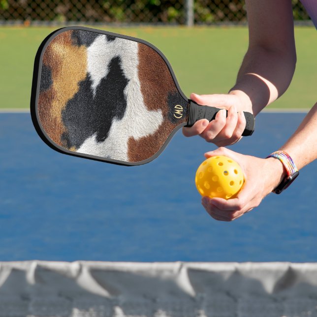 Brown black and white cowhide texture throw pillow pickleball paddle (Insitu)