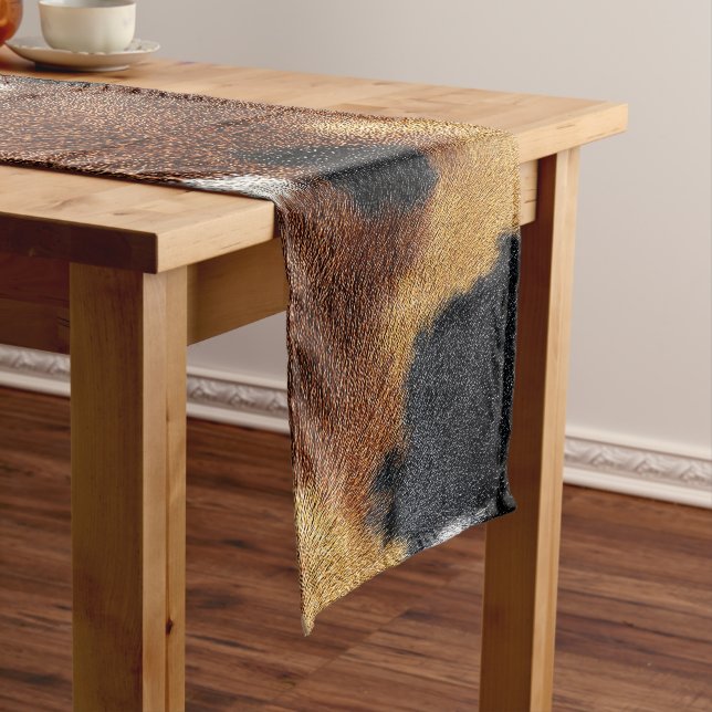 Brown black and white cowhide texture throw pillow short table runner (In Situ)