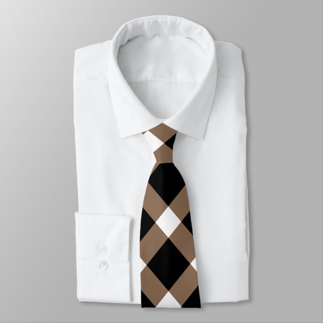 Brown, Black, and White Diagonal Gingham Pattern  Neck Tie (Tied)