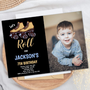 Brown Black Boy Photo Skating Birthday Invitations