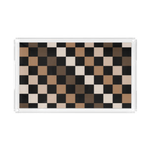 Brown Black Checkered Gingham Pattern Acrylic Tray