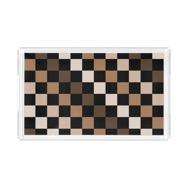 Brown Black Checkered Gingham Pattern Acrylic Tray (Front)