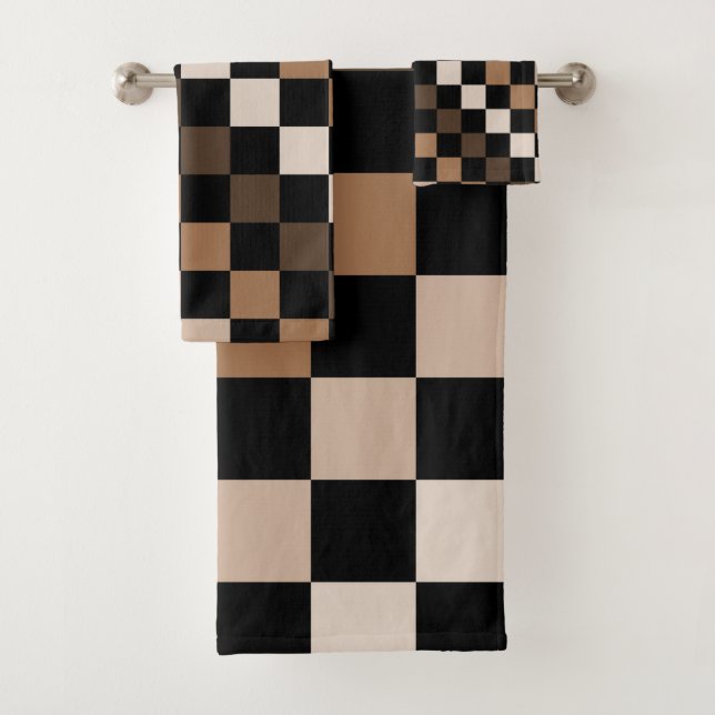 Brown Black Checkered Gingham Pattern Bath Towel Set (Insitu)