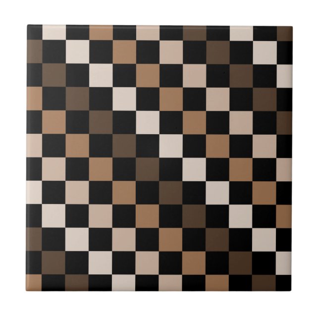 Brown Black Checkered Gingham Pattern Ceramic Tile (Front)