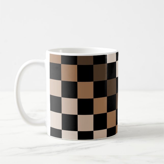 Brown Black Checkered Gingham Pattern Coffee Mug (Left)