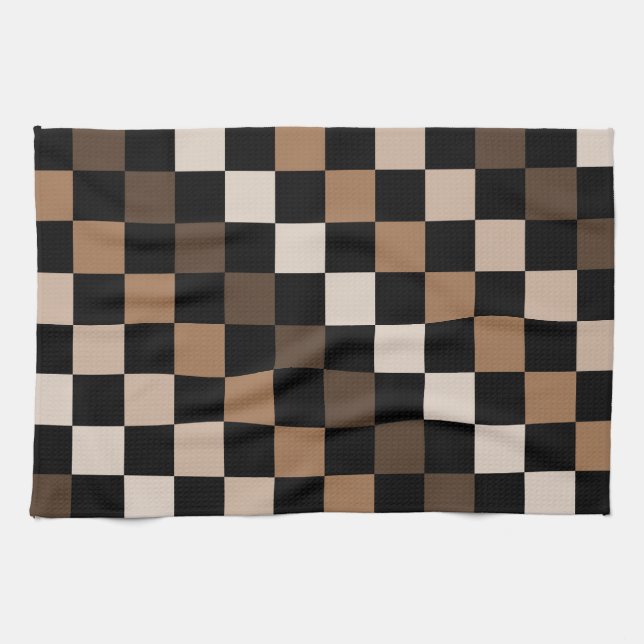 Brown Black Checkered Gingham Pattern Kitchen Towel (Horizontal)