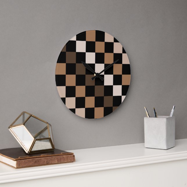 Brown Black Checkered Gingham Pattern Large Clock (Office)