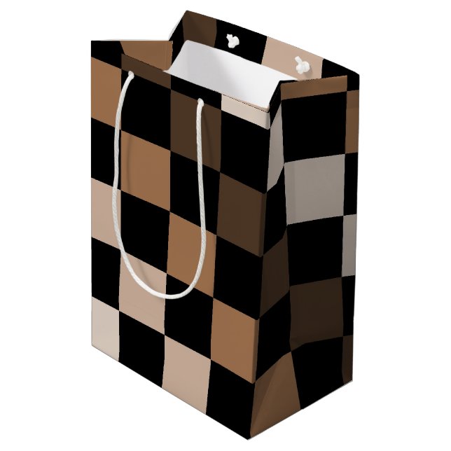 Brown Black Checkered Gingham Pattern Medium Gift Bag (Back Angled)