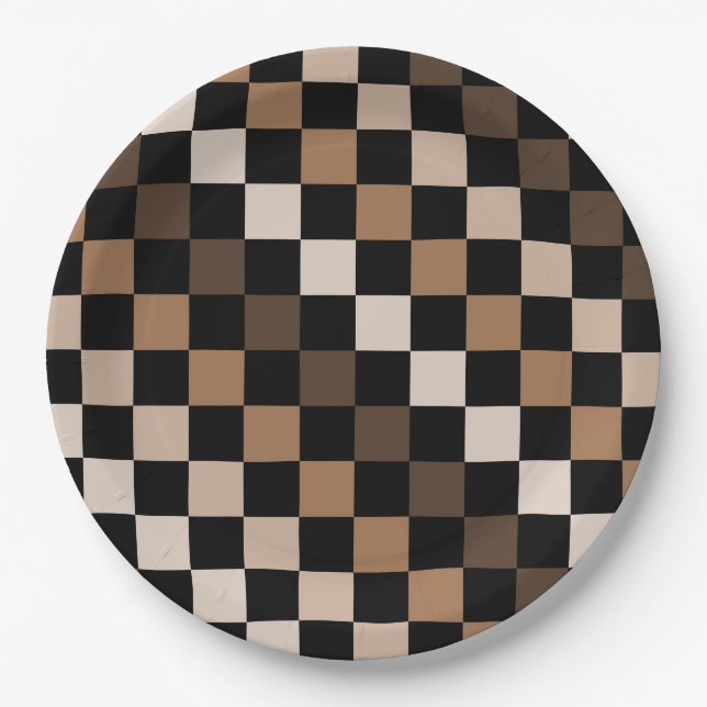Brown Black Checkered Gingham Pattern Paper Plates (Front)