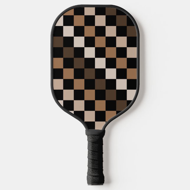 Brown Black Checkered Gingham Pattern Pickleball Paddle (Front)