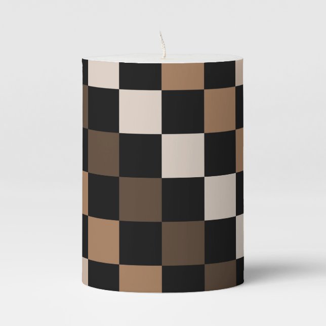 Brown Black Checkered Gingham Pattern Pillar Candle (Front)