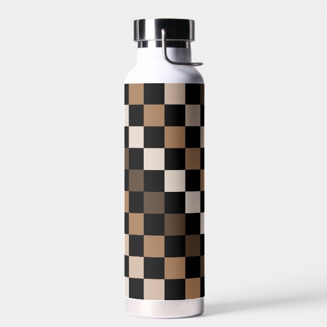 Brown Black Checkered Gingham Pattern Water Bottle (Left)