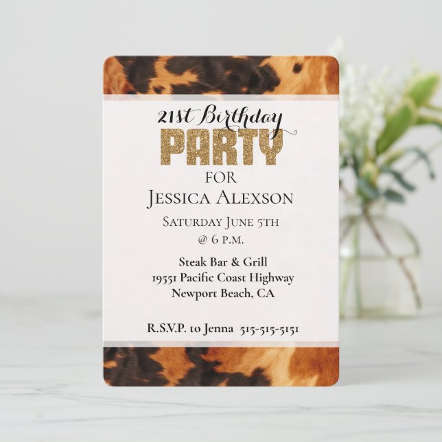 Brown Black Cowhide Gold Glitter 21st Birthday Invitation (Standing Front)
