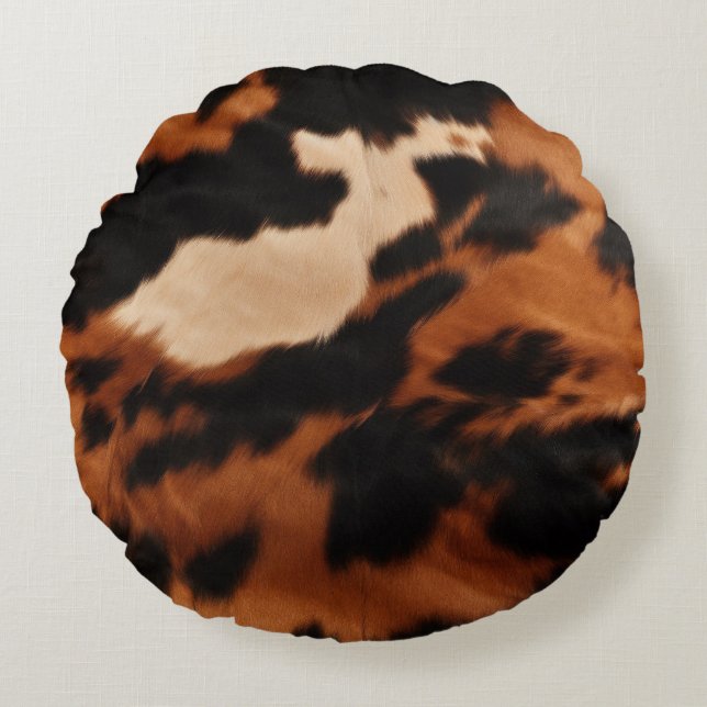 Brown Black Cream Cowhide Round Pillow (Front)