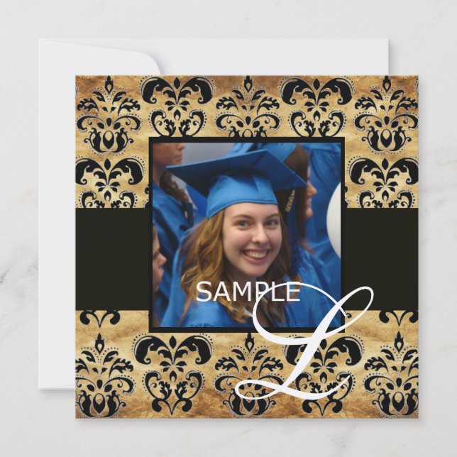 BROWN BLACK DAMASK PARCHMENT GRADUATION  MONOGRAM INVITATION (Front)