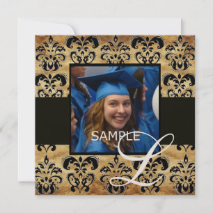 BROWN BLACK DAMASK PARCHMENT GRADUATION MONOGRAM INVITATION