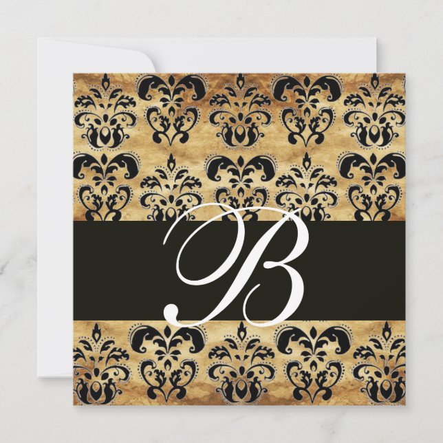 BROWN   BLACK  DAMASK  PARCHMENT MONOGRAM , white Invitation (Front)