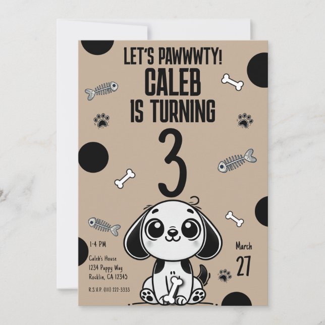 Brown & Black Fish Bones Puppy Dog Birthday Party  Invitation (Front)