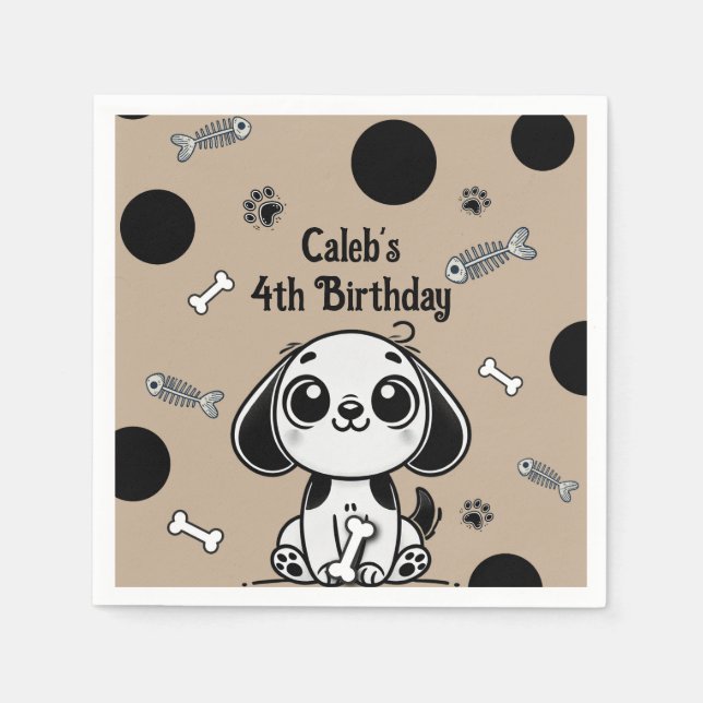 Brown & Black Fish Bones Puppy Dog Birthday Party  Napkins (Front)