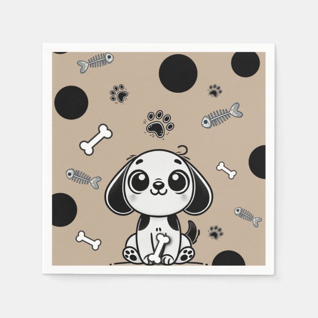 Brown & Black Fish Bones Puppy Dog Birthday Party  Napkins (Front)