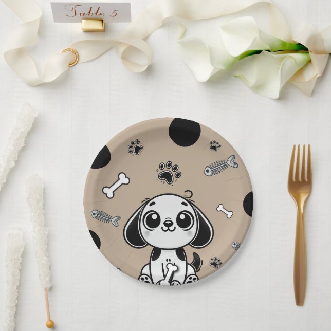 Brown & Black Fish Bones Puppy Dog Birthday Party  Paper Plates (Wedding)