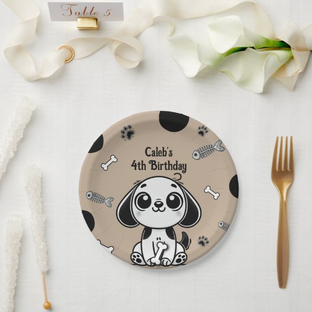 Brown & Black Fish Bones Puppy Dog Birthday Party  Paper Plates (Wedding)