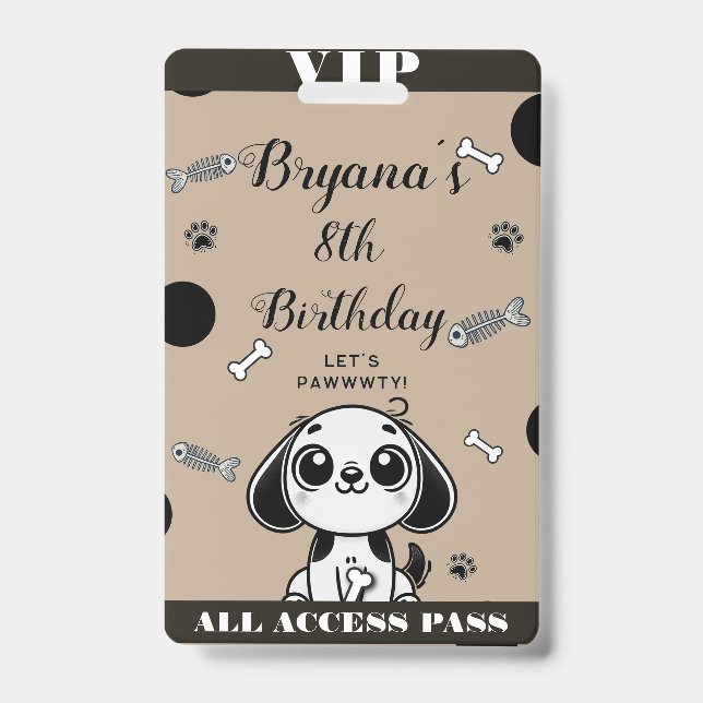 Brown Black Fish Bones Puppy Dog Birthday VIP Pass Badge (Front)