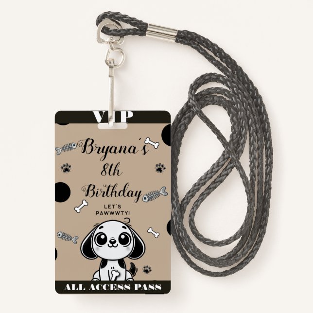 Brown Black Fish Bones Puppy Dog Birthday VIP Pass Badge (Front with Lanyard)