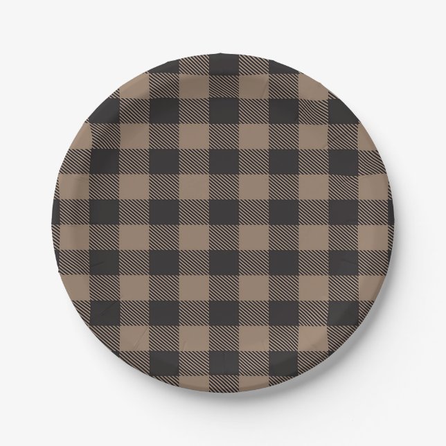 Brown Black Gingham Buffalo Plaid Farmhouse Paper Plates (Front)