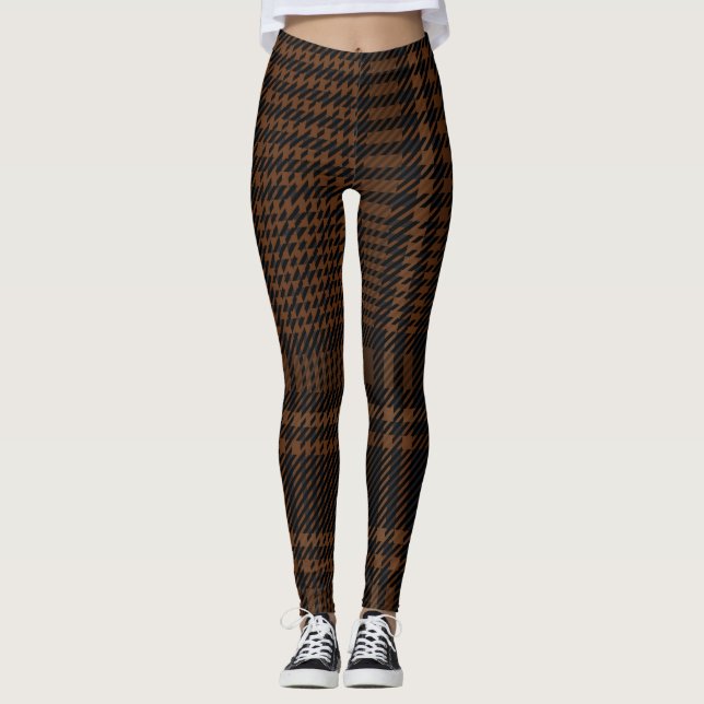 Brown Black Glen Check Houndstooth Pattern Leggings (Front)