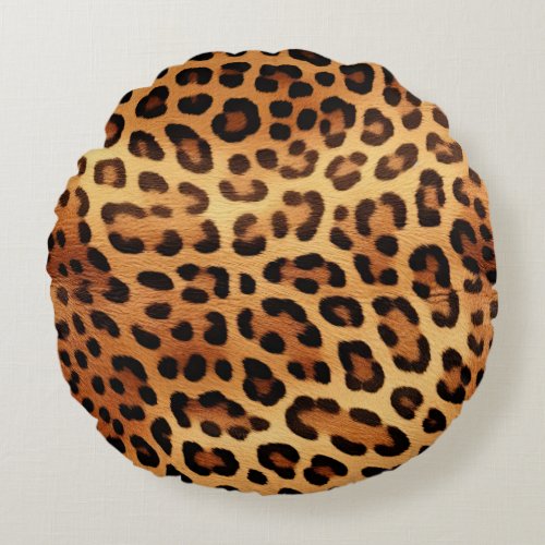Brown Black Golden Leopard Print Round Pillow
