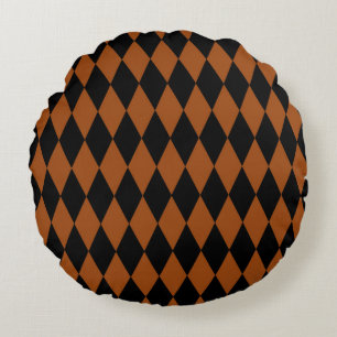 Brown Black Harlequin Diamonds Checkers Design Round Pillow