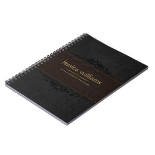 Brown & Black Leather Black Floral Element Noteboo Notebook