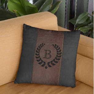 Brown & Black Leather Texture With Black Wreath Throw Pillow