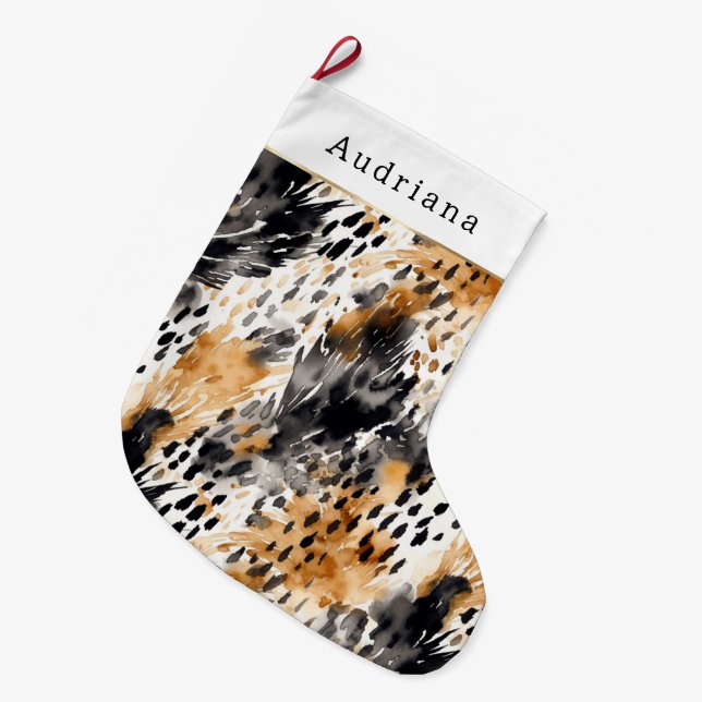 Brown Black Leopard Animal Abstract Christmas Large Christmas Stocking (Front (Hanging))