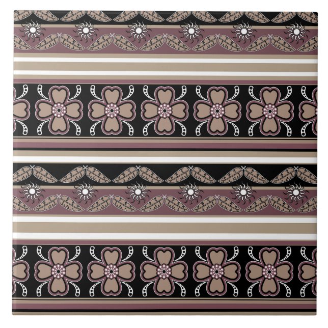 Brown black mexican ornament stripes ceramic tile (Front)